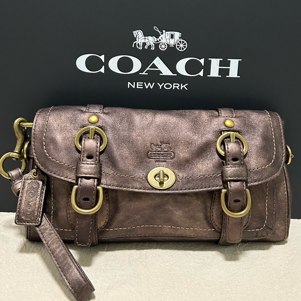 COACH Garcia Legacy Distressed/Textured Leather Clutch/Wristlet in Bronze